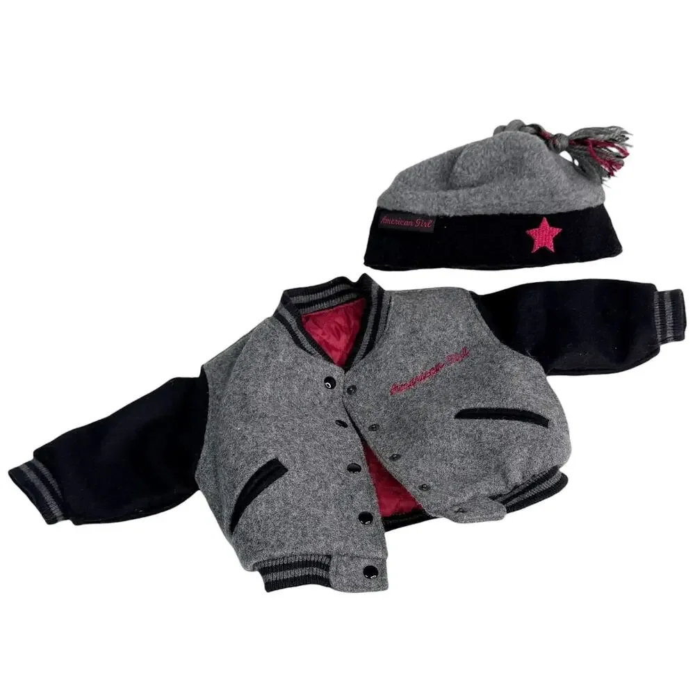 American Girl Varsity Jacket Hat Set Gray Wool Quilted Lined Coat Tassel Hat Vtg